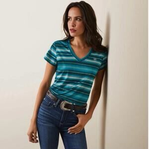 AriatTEK Women’s Striped V-Neck Performance Shirt Size Large Turquoise Stretch